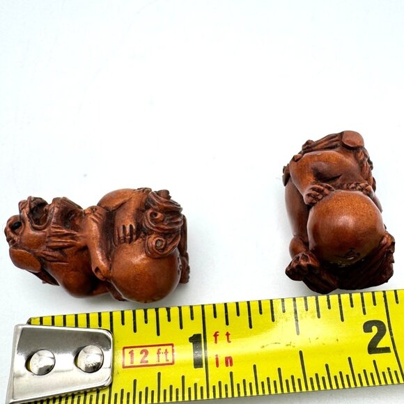Ojime Netsuke 2 Foo Dog Lion Figurines Hand-Carved Boxwood Signed No Hole #4.1 - Picture 2 of 5